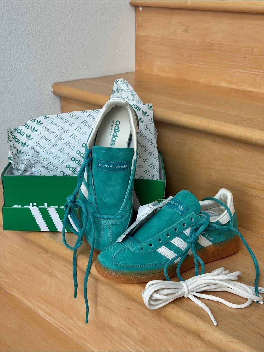 NWT Sporty & Rich x adidas Handball Spezial Green Teal Suede Sneakers US W6